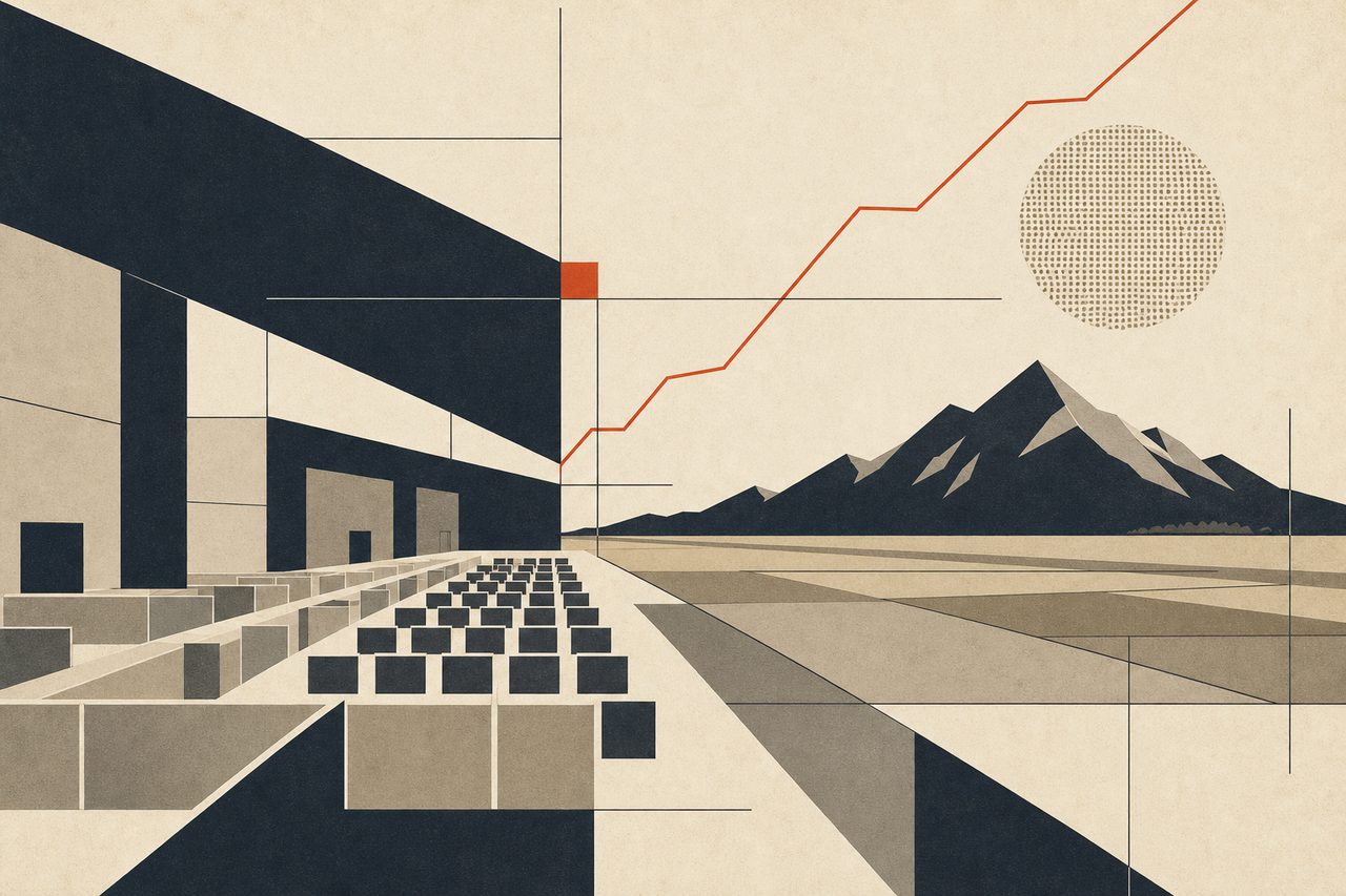 Abstract geometric illustration of a conference hall opening onto prairie fields and Rocky Mountains